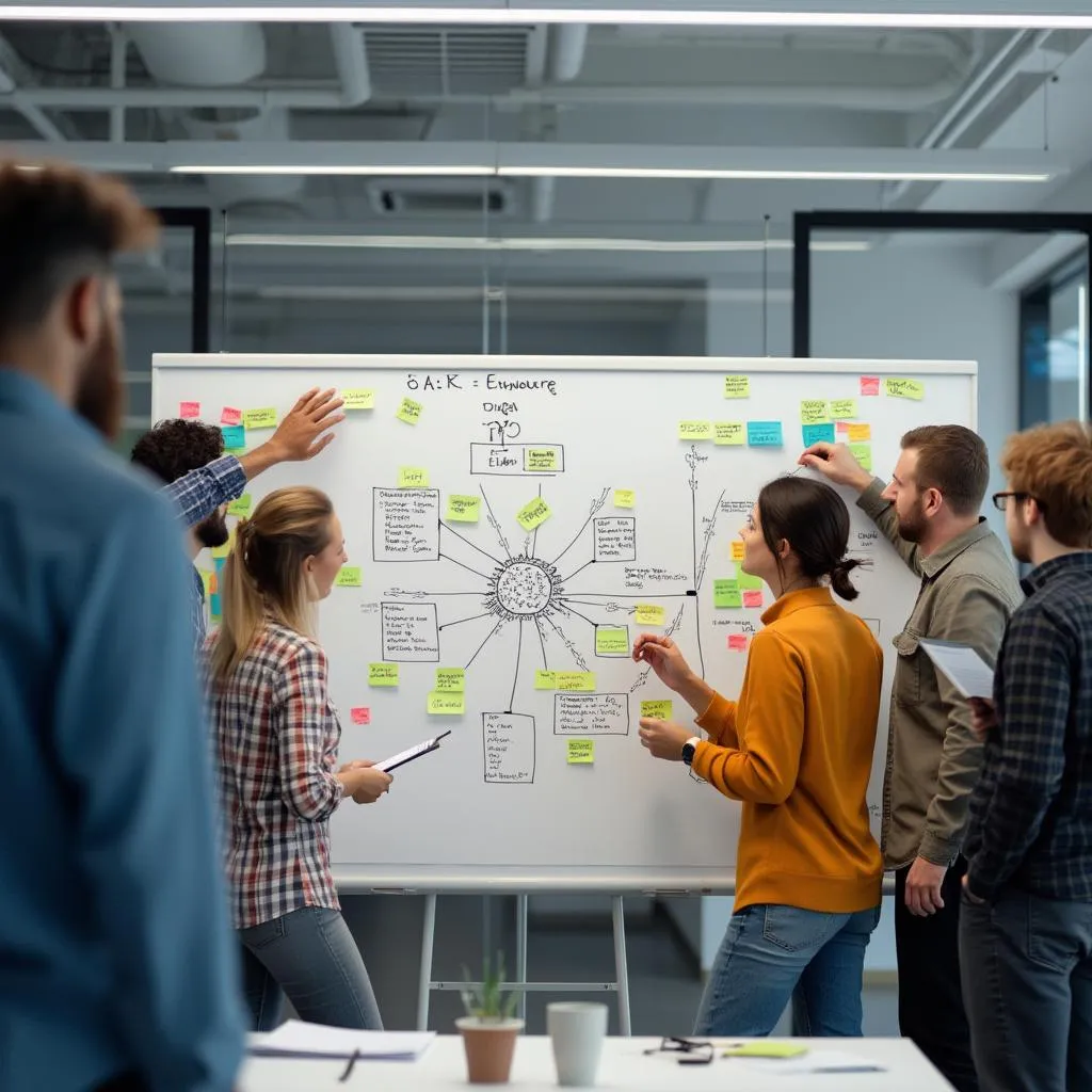 Equipo colaborando en una pizarra con diagramas de IA
