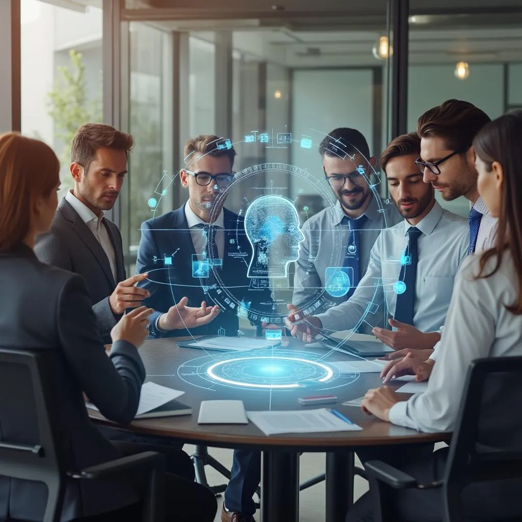 Equipo discutiendo estrategias de IA en una oficina moderna